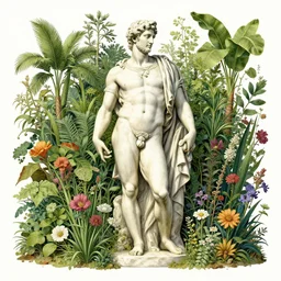 highly detailed illustration of a greek statue of a man surrounded by all the known species of plants and flowers by juan gatti!, by moebius!, by oliver vernon!