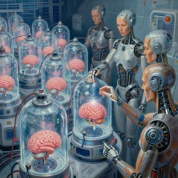 a solar punk painting of rows of futuristic cryonic see through tanks with brains in them attached to wires, which are attached to trans cyborg humans. a robotic surgeon is sprinkling something sparkly in one of them. hyper realistic. octane render, art station detailed hard surface modelling. cyborg. human bio body parts. painting _ by _ adrian _ ghenie _ and _ gerhard _ richter. _ art _ by _ james _ gurney. mast.