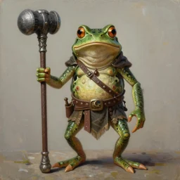 anthropomorphic bipedal frog that is dressed as a medieval barbarian, and holding a giant club, as a matte oil painting, d & d character reveal, by alex grey, standing, fullbody, tattoos, piercings, knickknacks, mystic, concept art, award - winning, extremely detailed, sharp focus