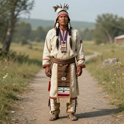 native american indigenous man wearing traditional clothing standing on a path, facing forward, greg rutkowski, detailed artwork, unreal engine