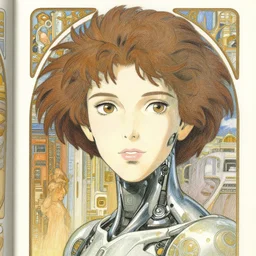 a female cyborg in a futuristic city, finely illustrated face, highly detailed, colored pencil, studio ghibli, tankobon, in the style of ilya kuvshinov and krenz cushart and william - adolphe bouguereau and alphonse mucha