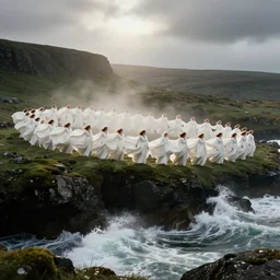 dark and moody 1 9 7 0's artistic technicolor spaghetti western film, a large huge group of women in a giant billowing wide long flowing waving white dresses, standing inside a green mossy irish rocky scenic landscape, crashing waves and sea foam, volumetric lighting, backlit, moody, atmospheric, fog, extremely windy, soft focus