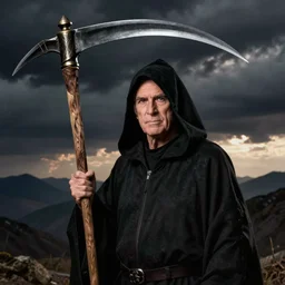 ultra realistic photograph of maury povich with black hood and scythe is grim reaper ansel adams