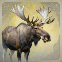 a beautiful and very detailed painting of great ethereal moose with silver antlers by artgerm and greg rutkowski and alphonse mucha, 8 k