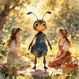 wholesome anthro insect ant girl overalls picnic, cottagecore girlfriends, trending on pintrest, golden hour, watercolor