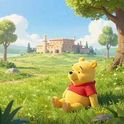 A serene landscape with a singular building in the style of Maya rendered in Arnold. Winnie the pooh sitting on grass