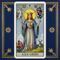 beautiful tarot card of the queen of dreams by carol bak and dan mumford and alex grey, oil on canvas, intricate, border, symmetrical, portrait, 8k highly professionally detailed, HDR, CGsociety