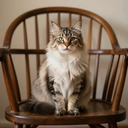 A fluffy cat sitting in a Windsor chair, octane lighting