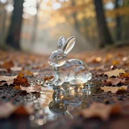 a 3 5 mm lomography long shot photo of melted clear fresnel rabbit toy turbulence surface in the sunshine autumn forest, falling autumn leaves are reflected in the rabbit, foggy bottom, god rays, ultrasharp, detailed, cinematic