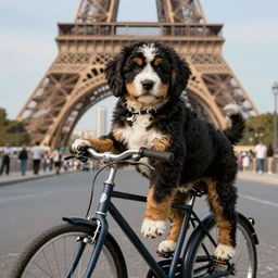 young bernedoodle puppy on a bike in paris. art by greg rutkowski, gustave courbet, rosa bonheur, edward hopper. faithfully depicted, sharp focus, global illumination, radiant light, detailed and intricate environment, trending on artstation