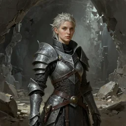 a masterful character portrait of a dragon age woman grey warden standing in broken underground ruins, dragon age concept art, concept art, illustration, digital painting, matte painting, realistic lighting, with a realistically proportioned face, cinematic lighting, good value control, realistic shading, realistic face details, painted texture maps, substance painter, in the style of frank frazetta