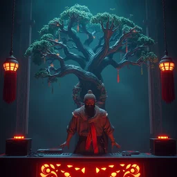 a warrior behind a dj booth with a bodhi tree, garland made of human fingers : 6 character design : 2 midnight, illusion, stunning, breathtaking, majestic, asian fantasy, digital render, line art, unreal engine, de - noise, 8 k, volumetric lighting, symmetrical, pronounced features, detailed contrast, scattered mist, glow 3 d alejandro alvarez alena aenami