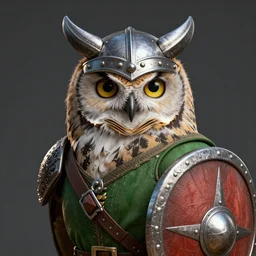 An award winning digital art piece of a furry, photorealistic, cinematic, highly detailed, realistic anthropomorphic owl wearing a viking helmet, shield, and green shirt. Character commission. Artstation.