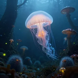 underwater puffy jelly fish in a foggy bioluminescent mushroom forest, rainbow fireflies, fuzzy creatures hiding in long shadows, Donato Giancola, Mark Brooks, Ralph Horsley, Charlie Bowater, Artgerm, Christopher Balaskas, Bastien Lecouffe-Deharme