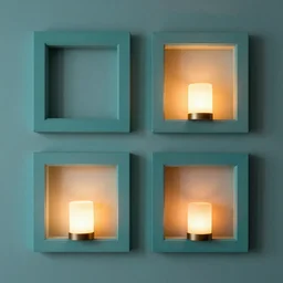 4 painting frames on a room wall, geometric arrangements, night time, illuminated lampstands, beautiful volumetric lighting, smooth, soft teal and orange colors, photorealism