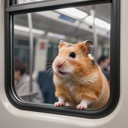 photo of a hamster inside a metro train, looking out of the window, various poses, unedited, soft light, sharp focus, 8 k