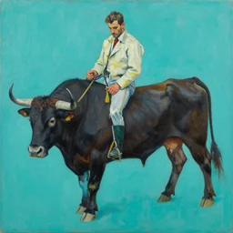 high quality high detail painting by lucian freud and jenny saville, hd, bullfighter, turquoise color, photorealistic lighting