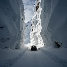 car driving through a very deep snow corridor