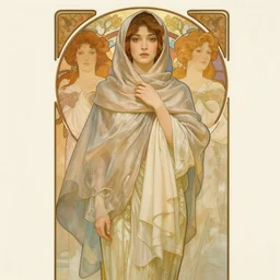 hyper-realistic detailed full body portrait of woman with hijab by Alphonse Mucha, Ayami Kojima, Amano, Charlie Bowater, Karol Bak, Greg Hildebrandt, Jean Delville, Pablo Picasso and Mark Brooks, Art Nouveau, Neo-Gothic, gothic, iridescent deep colors