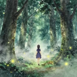 anime, incredible wide screenshot, ultrawide, simple watercolor, rough paper texture, ghost in the shell movie scene, girl in a dress walking through the beautiful forest, outdoors, fireflies!!!, fog, dust