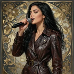 portrait of a long black haired woman singing in the style of mass effect, leather trench coat, intricate, elegant, highly detailed, digital painting, artstation, concept art, smooth, sharp focus, illustration, art by artgerm and greg rutkowski and alphonse mucha, 8 k