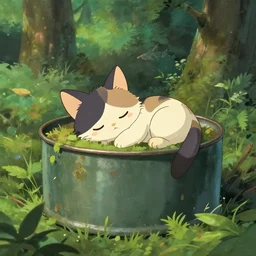 cute kitten sleeping in an overgrown oil drum in a forest, digital art, artstation, studio ghibli