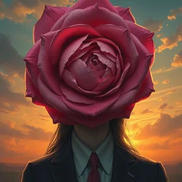 closeup, huge rose flower face, frontal, girl with suit, surreal photography, sunrise, dramatic light, impressionist painting, digital painting, artstation, simon stalenhag