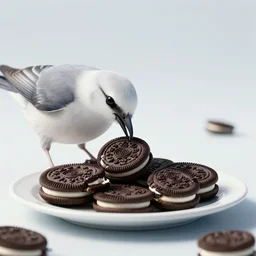 a bird eating a plate full of oreos, realism, cinematic, hyper detailed masterpiece, ethereal, post apocalyptic - n 9