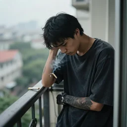 a sad guy smoking a joint on a balcony