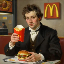 a neoclassical painting of a man at McDonald's, highly detailed