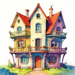 a colorful drawing of a house with curved pillars and many floors, a storybook illustration by dr seuss, tumblr, psychedelic art, concept art, storybook illustration, whimsical