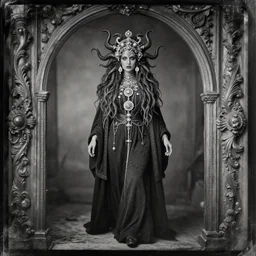 tintype ambrotype daguerreotype of a cthulhu priestess adorned in occult jewelery with tentacle hair. emerging walking out of a baroque frame. striking face.