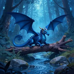 a dragon on a log in a magical blue forest, heavily stylized, misty, woodland creek, river rock, featured on artstation