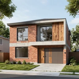 hyper realistic elevation of a house, brick, concrete, glass, wood