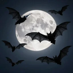 large black bats flying in the night sky, full moon, fantasy art, concept art by artgerm and greg rutkowski, trending on artstation