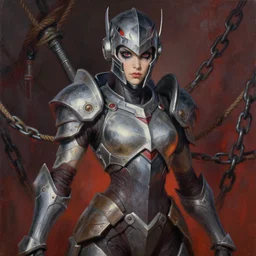 full figure, painting of tracer from overwatch, in style of zdzisław beksinski, horror, 4 k, feminine facial features, armor, armor, detailed face, tall, ropes and chains in background