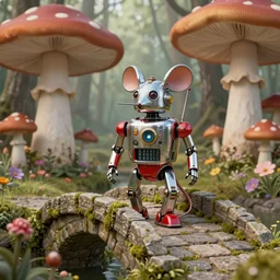 adventurer ( ( ( ( ( 1 9 5 0 s retro future robot android mouse in forrest of giant mushrooms, moss and flowers stone bridge. muted colors. ) ) ) ) ) by jean baptiste monge!!!!!!!!!!!!!!!!!!!!!!!!! chrome red
