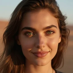 high detail, macro portrait photo, a young, gorgeous woman with green eyes and brunette hair, smiles at the camera, set in a dimly lit desert at golden hour, shot using a zeiss supreme prime lens,