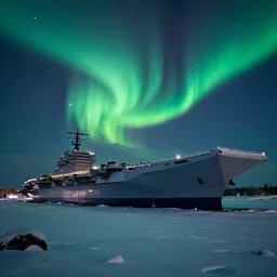 in the night of the northern lights, a huge aircraft carrier is stranded in the snow, by craig mullins