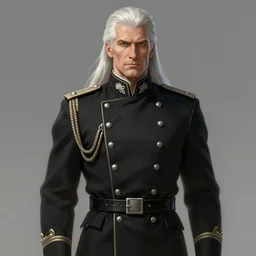 a middle aged clean shaven nobleman with very very very long white hair in black military uniform, elegant towering imposing man, 2d, ultra highly detailed, digital painting, smooth, sharp focus, artstation, trending on artstation, art by Ilya Kuvshinov