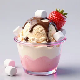 1 cup ice cream sunday, vanilla strawberry ， delicious, glistening, chocolate sauce, marshmallows, highly detailed, octane render, 8 k, ultra fine hyper realistic detailed, neon rim lighting, reflections, smooth, sharp focus, 3 d rendering