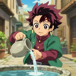 jirou kyoka from my hero academia, pouring water from vase into stone fountain. spanish ghibli alleyway. symmetrical face. symmetrical detailed defined eyes. isekai background style.