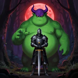 under a red moon in an ominous forest, a knight clad in dark armor holding his sword in front of a green fat monster serving a sadistic purple demon tyrant concept art wlop artstation trending