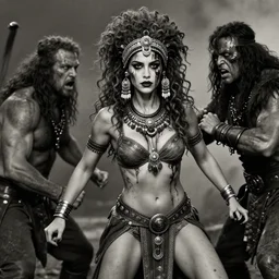 Elizabeth Berkley with curly hair as aztec  princess fights brutal barbarian, inspired by mad max and dark fantasy and fashion, beautiful  body, clean brutal blooded  symmetrical face,  brutal bloody  and sluty make up, epic,dramatic lighting, cinematic, establishing shot, extremely high detail, photorealistic,  brutal, provocative , cinematic lighting, artstation, octane render, dark fantasy ,old photo, vintage, black and white, Boris vallejo, sepia, old photography, documentary photography