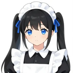 zoomed outbust shot of a blue eyed cute anime maid girl with black hair twintails and blue accents, large cowlick, ruffled shoulders, maid headdress. delicate lineart, anime art, finely drawn ( digital ), pointy chin. round face drawn by 5 centimeters per second
