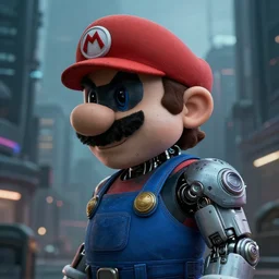 a masked rugged super mario with cybernetic enhancements lost in the city, scifi character portrait by greg rutkowski, esuthio, craig mullins, 1 / 4 headshot, cinematic lighting, dystopian scifi gear, gloomy, profile picture, mechanical, half robot, implants, dieselpunk