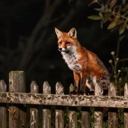 one fox sitting ontop a wooden fence at night