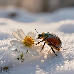 a beetle finding a beautiful flower, entrapped in ice, only snow in the background, beautiful macro photography, warm ambient light