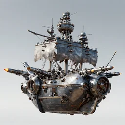 futuristic metal pirate ship with guns and rockets , highly detailed, 4k, HDR, smooth, sharp focus, hyper realistic, high resolution