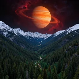A heavily-forested valley surrounded by snow-capped mountains, nighttime, orange gas giant, red nebula, no clouds, sci-fi, photorealistic, landscape